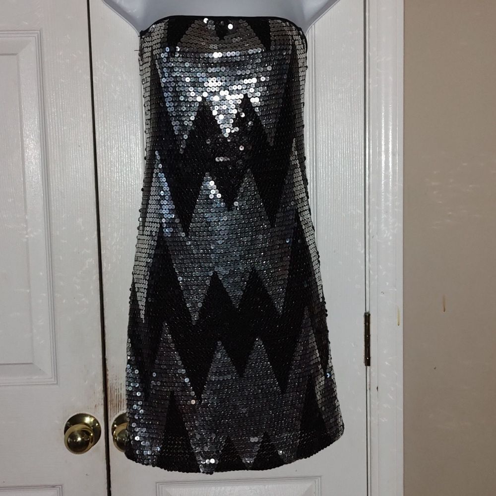 LVLX black silver sequin strapless sexy night out party fitted dress  Sz M
